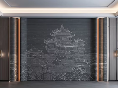 Dark Background Wall With Intricately Carved Chinese Architecture Relief And Wooden Frames 3d model