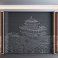 Dark Background Wall With Intricately Carved Chinese Architecture Relief And Wooden Frames