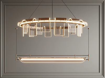 Modern Circular Chandelier With Square Transparent Panels Gold Brass Frame And Gray Wall 3d model