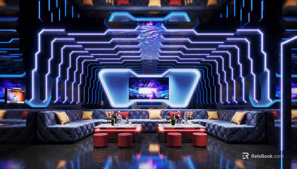Modern Tech KTV Interior Design With Neon Lights Decor Comfortable Sofas And Large TV Screen 3d model