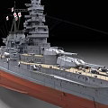 Detailed Warship 3D Model with Gray Hull Red Bottom Deck and Turrets