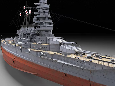 Detailed Warship 3D Model with Gray Hull Red Bottom Deck and Turrets 3d model
