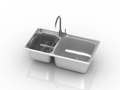 Stainless Steel Double Bowl Kitchen Sink With Faucet And Drainer Rack 3d model