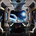 Futuristic Space Capsule Meeting Room With Conference Table And Starry Space View