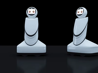 Two White Smart Robots with Round Faces Red Eyes Black Base on Black Background 3d model Two White Smart Robots with Round Faces Red Eyes Black Base on Black Background 3d model
