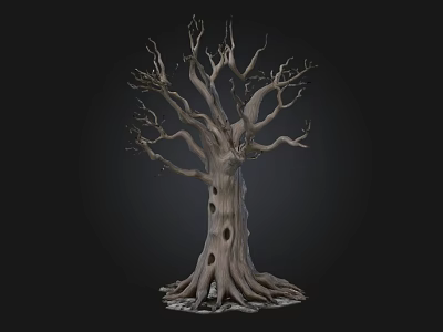 Detailed Stone Wood Tree Sculpture with Textured Trunk and Exposed Roots 3d model