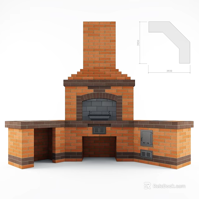 Traditional Brick Fireplace With Chimney Side Countertop And Storage Design 3d model