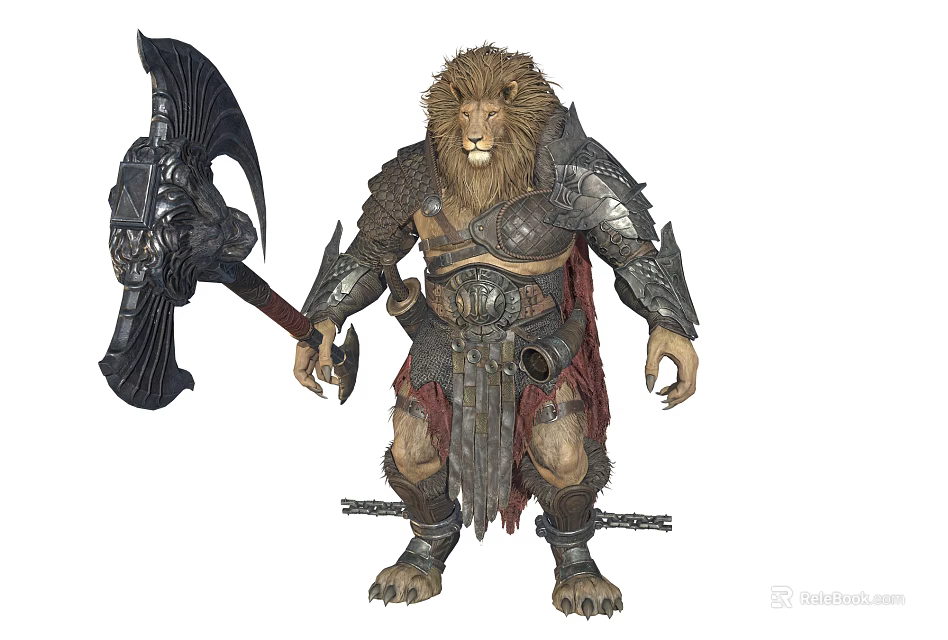 Mythical Lion Warrior Character in Detailed Armor With Giant Battle Axe 3d model 