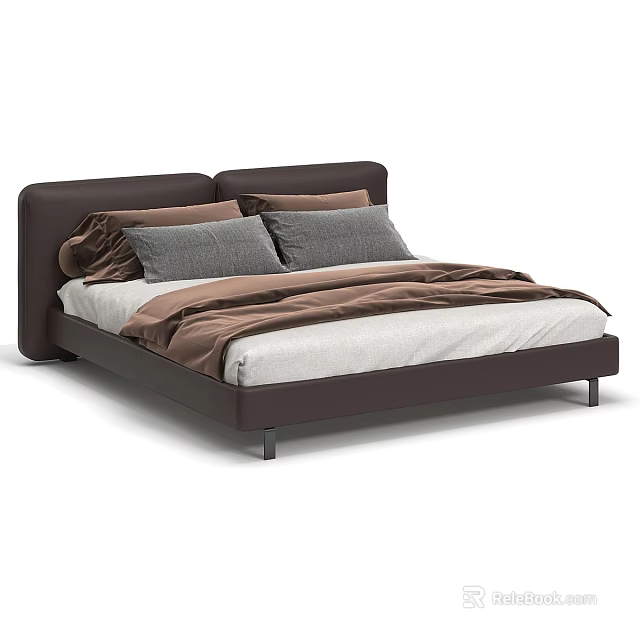 Modern Brown Leather Double Bed With Gray Pillows And Brown Bedspread 3d model 