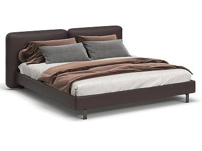 Modern Brown Leather Double Bed With Gray Pillows And Brown Bedspread 3d model