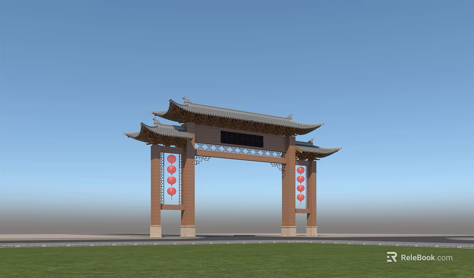 Traditional Chinese Paifang Archway With Curved Eaves Red Lanterns Blue Sky And Green Grass 3d model 