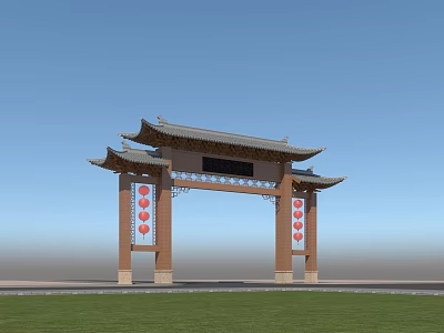 Traditional Chinese Paifang Archway With Curved Eaves Red Lanterns Blue Sky And Green Grass 3d model