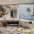 Luxurious Bathroom Interior With Marble Walls Blue Striped Tile Freestanding Bathtub And Vanity