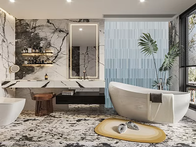 Luxurious Bathroom Interior With Marble Walls Blue Striped Tile Freestanding Bathtub And Vanity 3d model