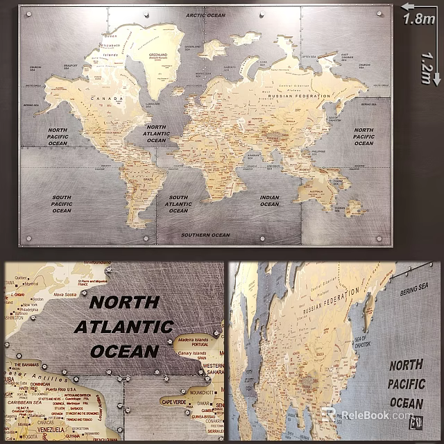 Detailed World Map Wall Decor With Ocean Labels For Home Decoration 3d model 