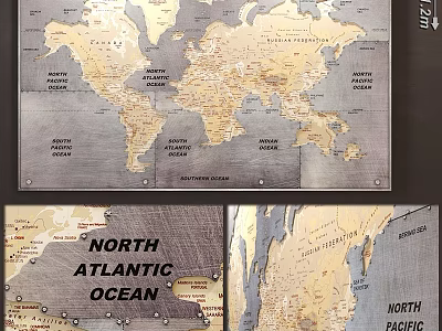 Detailed World Map Wall Decor With Ocean Labels For Home Decoration 3d model
