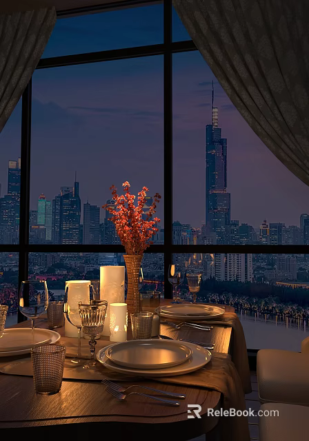 Elegant Dining Table Set With Red Blossom Vase Candles And City Skyline View 3d model 