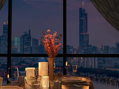 Elegant Dining Table Set With Red Blossom Vase Candles And City Skyline View 3d model