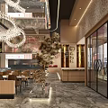 Restaurant Interior Design With Chandelier Staircase Dining Tables Chairs Lattice Partition And Green Plants