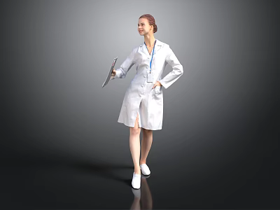 Woman Doctor In White Coat Holding Tablet Standing Against Gray Background 3d model