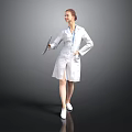 Woman Doctor In White Coat Holding Tablet Standing Against Gray Background