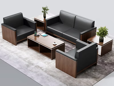 Modern Office Interior Design With Black Leather Sofa Wooden Coffee Table And Green Plants 3d model