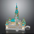 Turquoise and Golden Spired Castle with Multiple Towers and Bridge Design Structure
