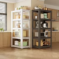 White and Gray Kitchen Shelving Units With Containers Microwave Coffee Maker Dishes and Storage Boxes