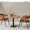 Modern Wooden Desk with Brown Chairs Glasses Small Box Striped Wall and Gray Carpet