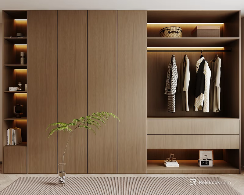 Modern Wooden Wardrobe Design With Lighting Storage Hanging Area And Decor 3d model 