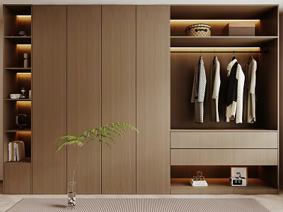Modern Wooden Wardrobe Design With Lighting Storage Hanging Area And Decor 3d model