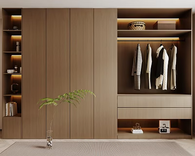 Modern Wooden Wardrobe Design With Lighting Storage Hanging Area And Decor 3d model