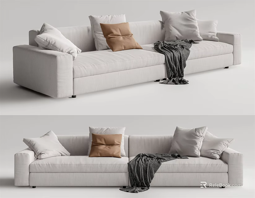 Modern White Sectional Sofa With Multiple Decorative Pillows And Throw Blanket 3d model