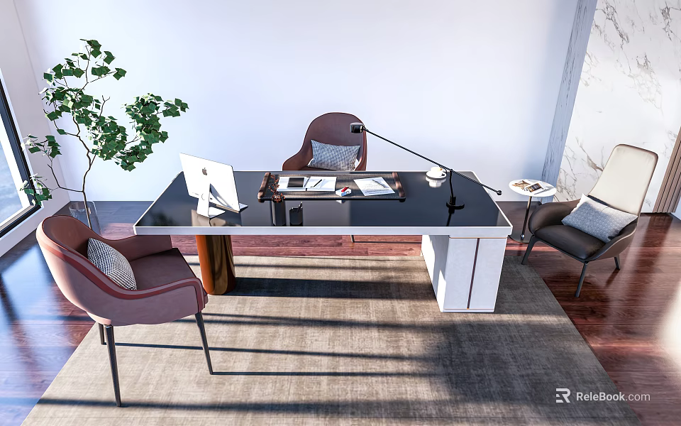 Modern Work Desk With Laptop Lamp Documents Two Chairs Potted Plant Rug Wooden Floor 3d model 