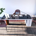 Modern Work Desk With Laptop Lamp Documents Two Chairs Potted Plant Rug Wooden Floor