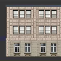 Two Story Commercial Brick Building With Blue Awnings Glass Storefronts And Flat Roof