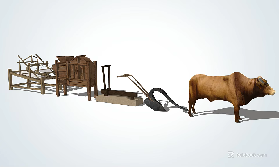 Traditional Agricultural Industrial Equipment Utilizing Oxen Power with Wooden Frame and Pedal Design 3d model 