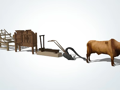Traditional Agricultural Industrial Equipment Utilizing Oxen Power with Wooden Frame and Pedal Design 3d model
