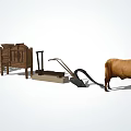 Traditional Agricultural Industrial Equipment Utilizing Oxen Power with Wooden Frame and Pedal Design
