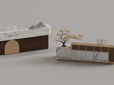 Two Modern Reception Desks With Marble Countertop Wooden Accents And Decorative Tree 3d model