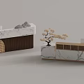Two Modern Reception Desks With Marble Countertop Wooden Accents And Decorative Tree