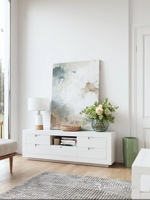 Modern Living Room TV Stand With Abstract Painting Table Lamp And Flower Vase 3d model 