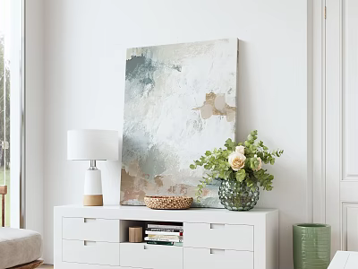 Modern Living Room TV Stand With Abstract Painting Table Lamp And Flower Vase 3d model