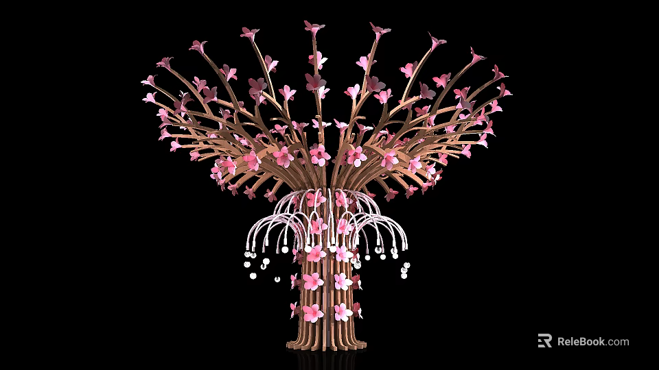 Elegant Decorative Tree Sculpture With Pink Flowers Branches And Hanging Beaded Tassels 3d model 