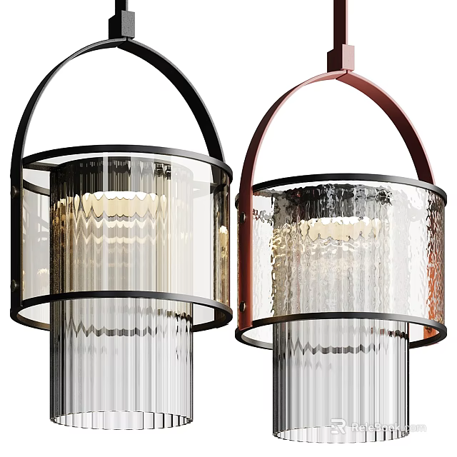 Modern Pendant Chandeliers With Black Copper Frames And Textured Glass Shades 3d model 