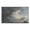 Vintage Landscape Painting With Dramatic Sky Clouds Lighthouse Sea Ships And Shore Figure