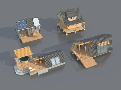 Diverse Guesthouse Architecture Designs With Wooden Terraces And Unique Roof Structures 3d model