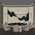 Modern Private Dining Room Interior With Beige Walls Black Ink Painting Chandelier And Beige Chairs