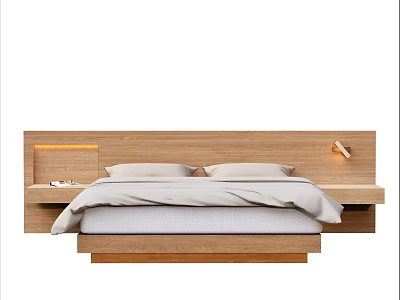 Suspended Double Bed Solid Wood Backrest Bed Table Lamp Wall Lamp Strip 3d model