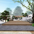Modern Courtyard Garden Landscape With Lush Trees Green Plants Outdoor Seating Pathway And Round Lights